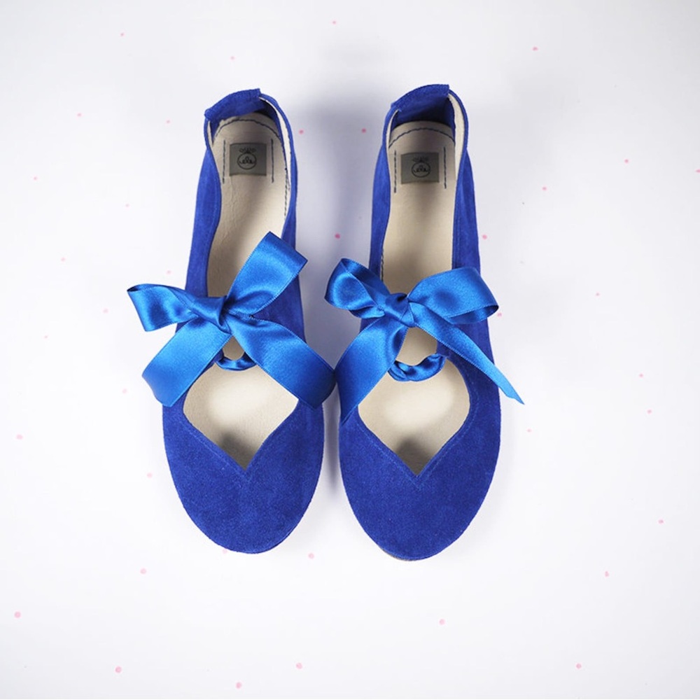 Ele Handmade Soft Italian Leather Royal Blue Satin Ribbon Ballet Flats Sz EU 38